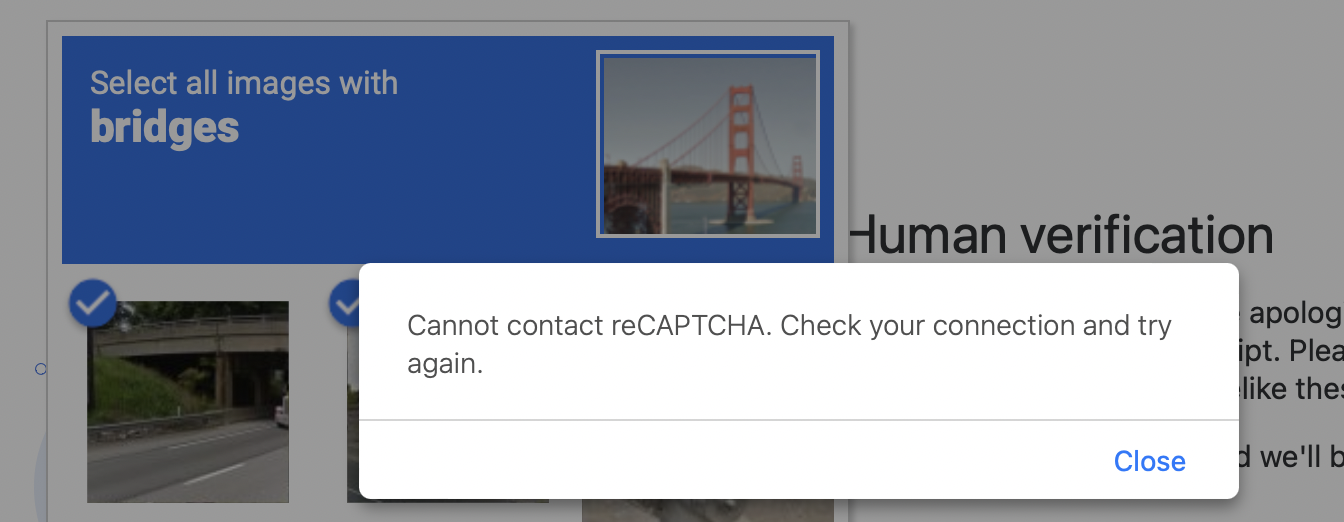 cannot contact reCAPTCHA check your connection and try again